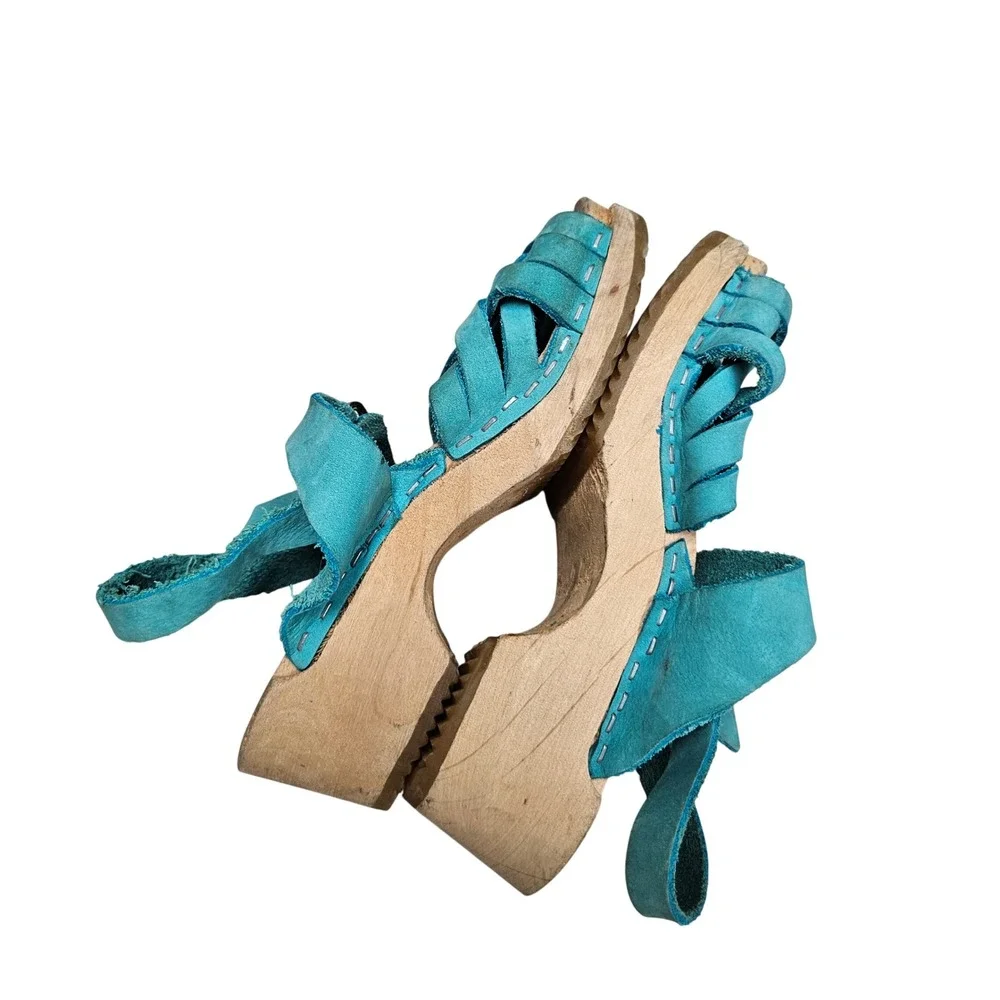 Swedish Clogs Sandals Kids 29 Teal Blue Suede Wood Woven Fisherman Boho Platform